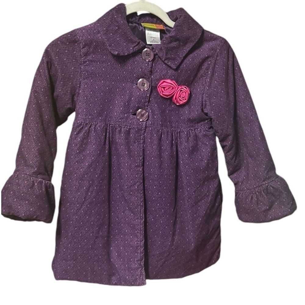 Penelope Mack Girls Purple Lined Dress Coat With Pink Flowers Size 6 Cute Cozy